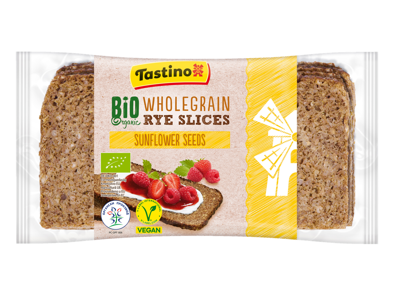 Tastino bio teljes kiőrlésű rozskenyérszeletek napraforgómaggal.