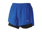 Blue running shorts with black inner shorts and a reflective logo.
