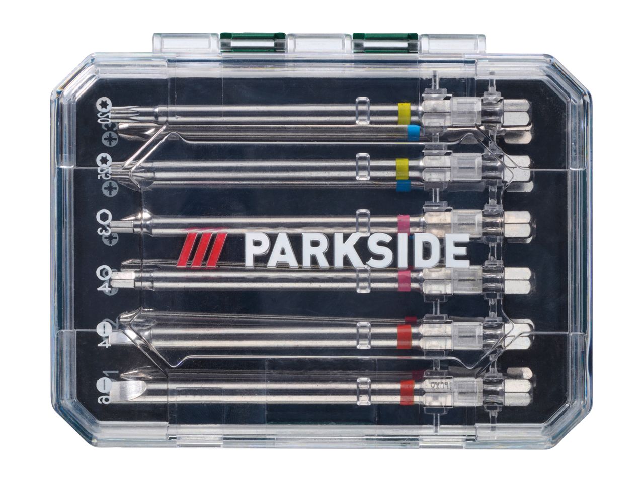 A clear plastic case containing various Parkside screwdriver bits, including Torx, Phillips, and flathead.