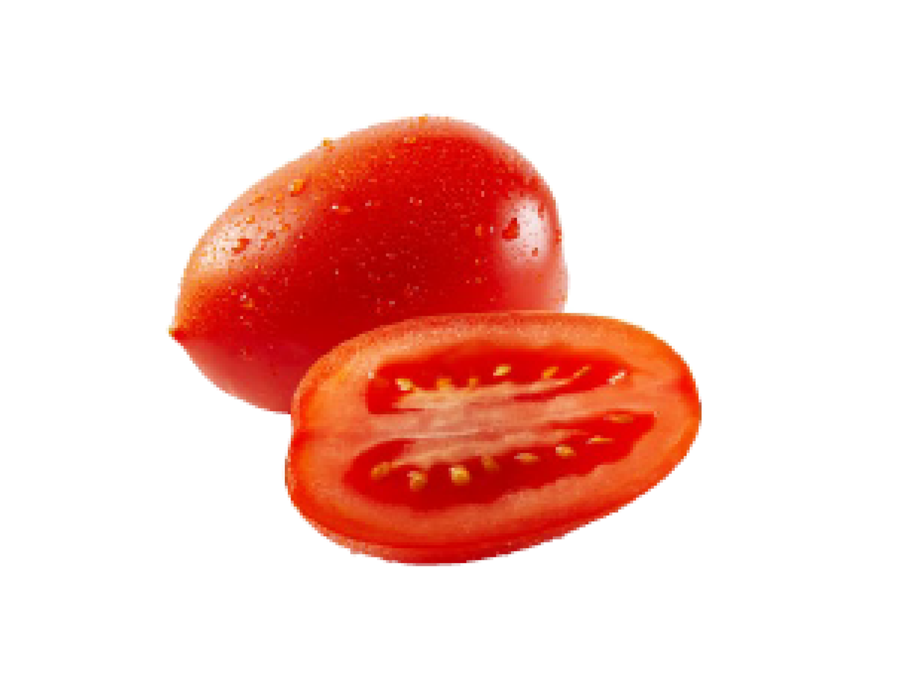 Tomate-cereja inteiro e cortado ao meio com gotas de água.