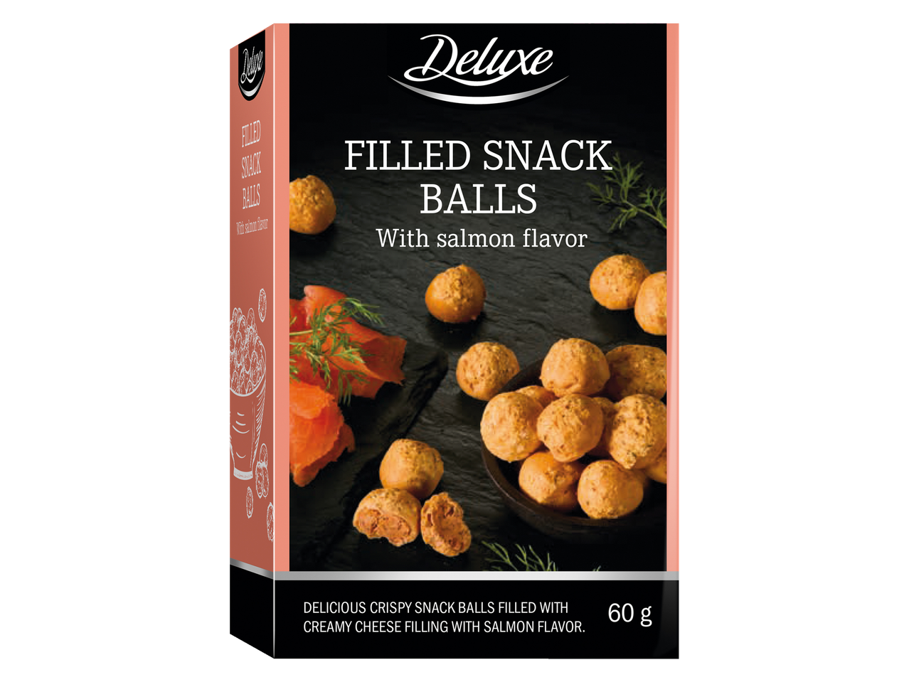 Deluxe: Traškūs užkandžių rutuliukai su lašišos skoniu.