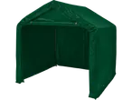 Green tarpaulin garage with an open entrance.