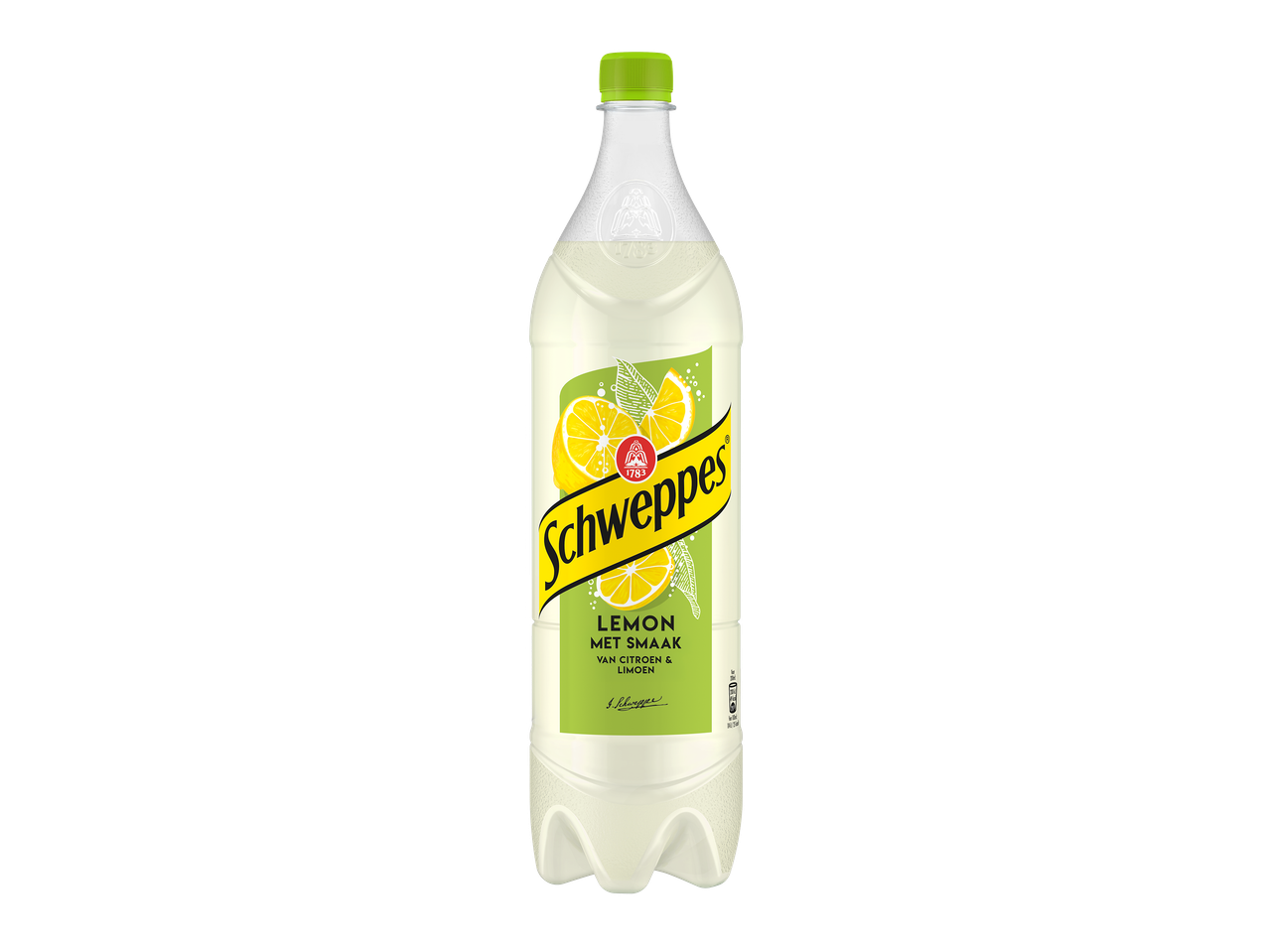 Fles citroenlimonade met een groen etiket en citroenafbeeldingen.