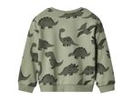 Kids' green sweatshirt with various dinosaur patterns.