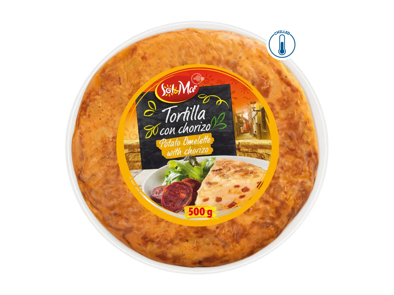 Sol&Mar Tortilla con chorizo: potato omelette with chorizo, 500g.