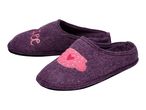 Pair of purple slippers, one with embroidered text and the other with a pink heart design.