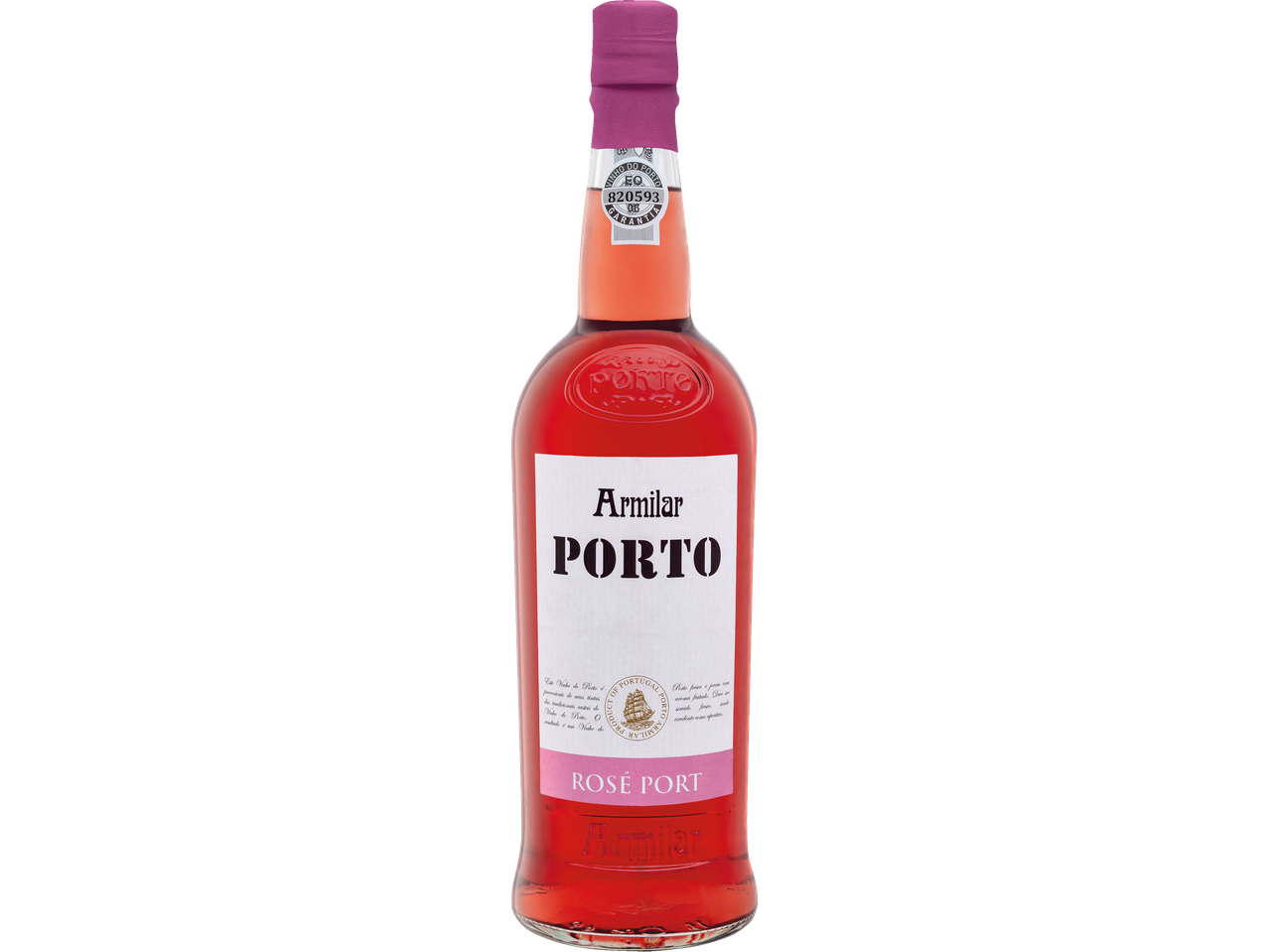 Een fles Armilar Rosé Porto, een Portugese wijn, op een zwarte achtergrond.