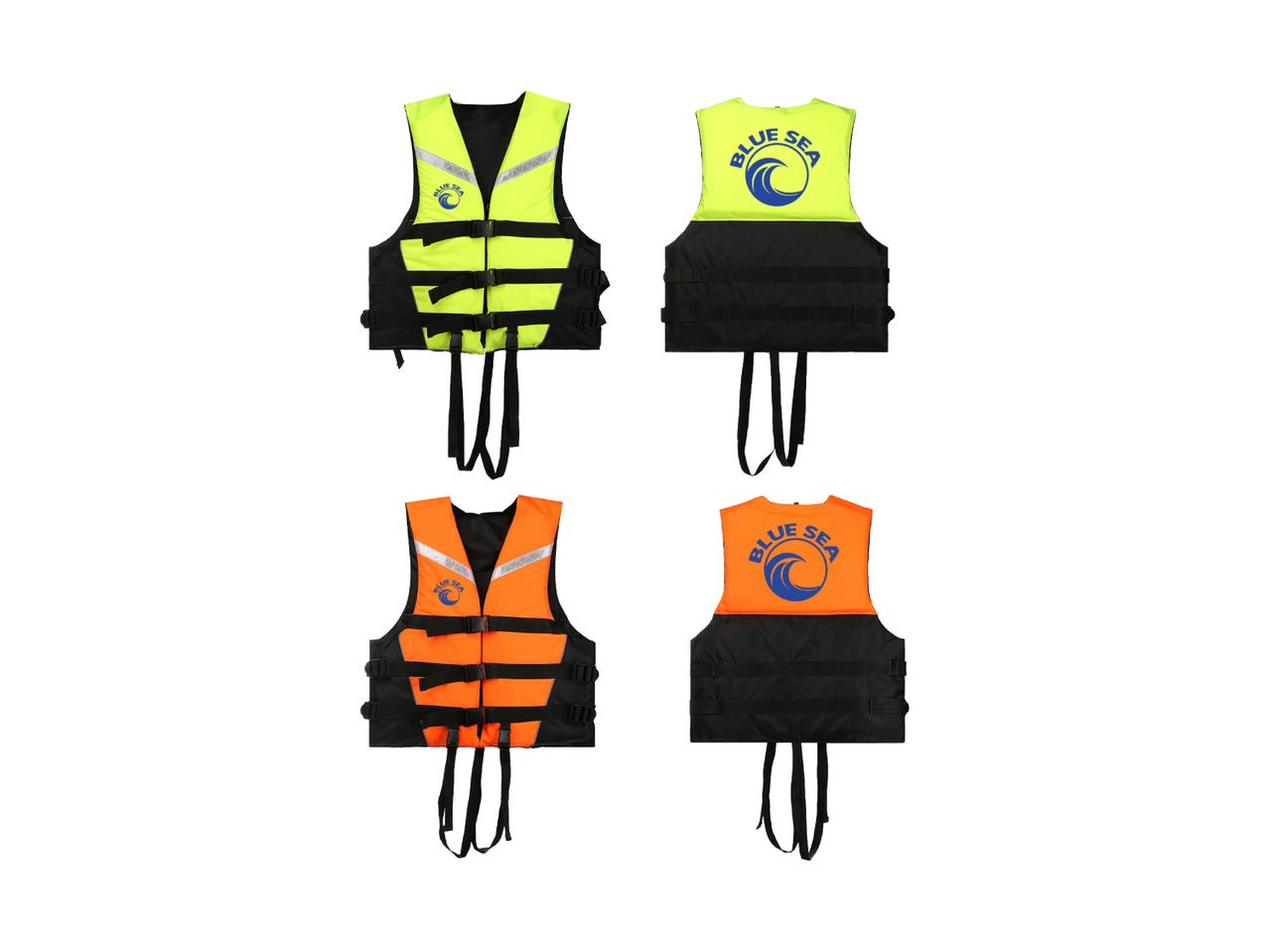 Two life vests, one neon yellow and one orange, shown from front and back.