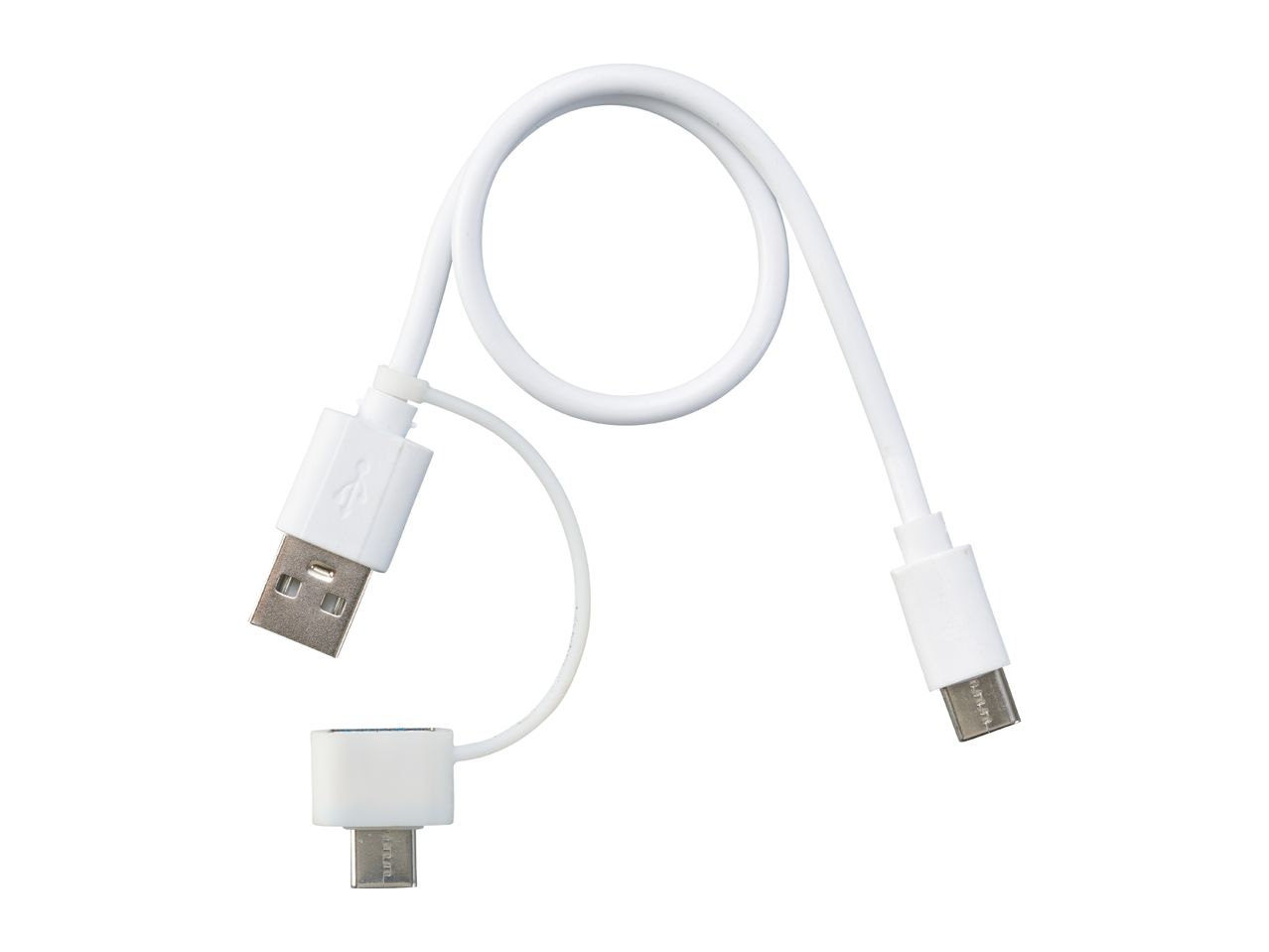 White USB-A to USB-C and Micro-USB charging cable