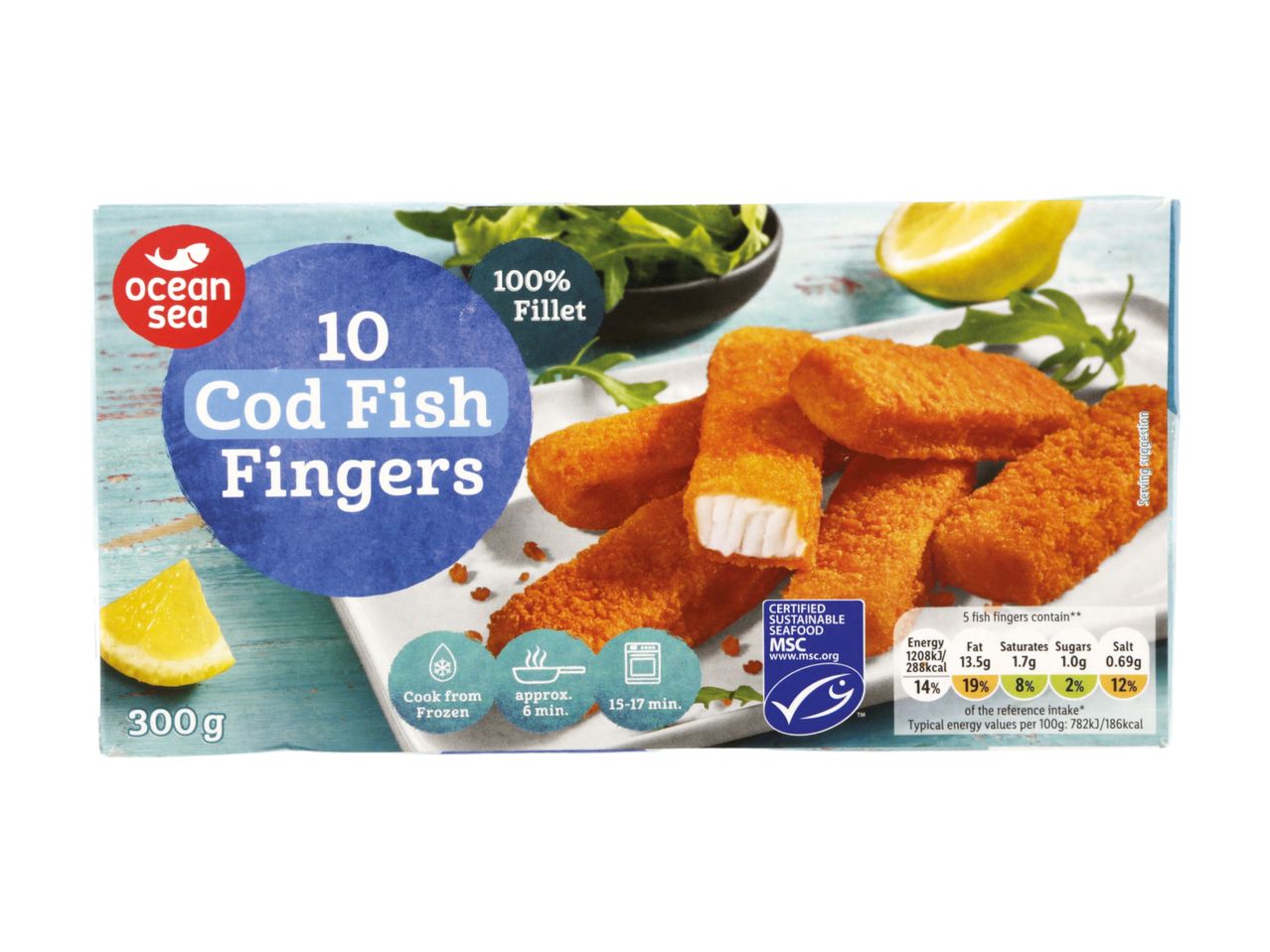 Ocean Sea 10 Cod Fish Fingers, 100% Fillet, 300g, with cooking instructions and nutritional values.