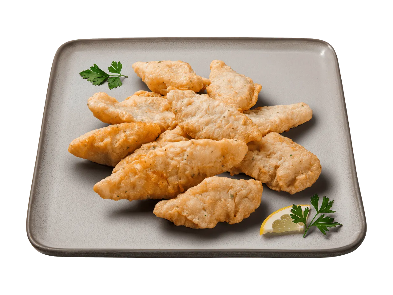 Nuggets de poulet panés dorés avec du persil et une tranche de citron sur une assiette grise.