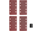 Four rectangular sanding sheets with holes and a small black cylindrical piece.