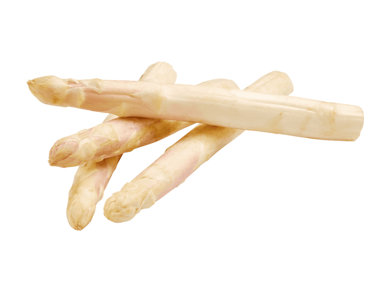 Vier frische weiße Spargelstangen, auf einem schwarzen Hintergrund gestapelt.