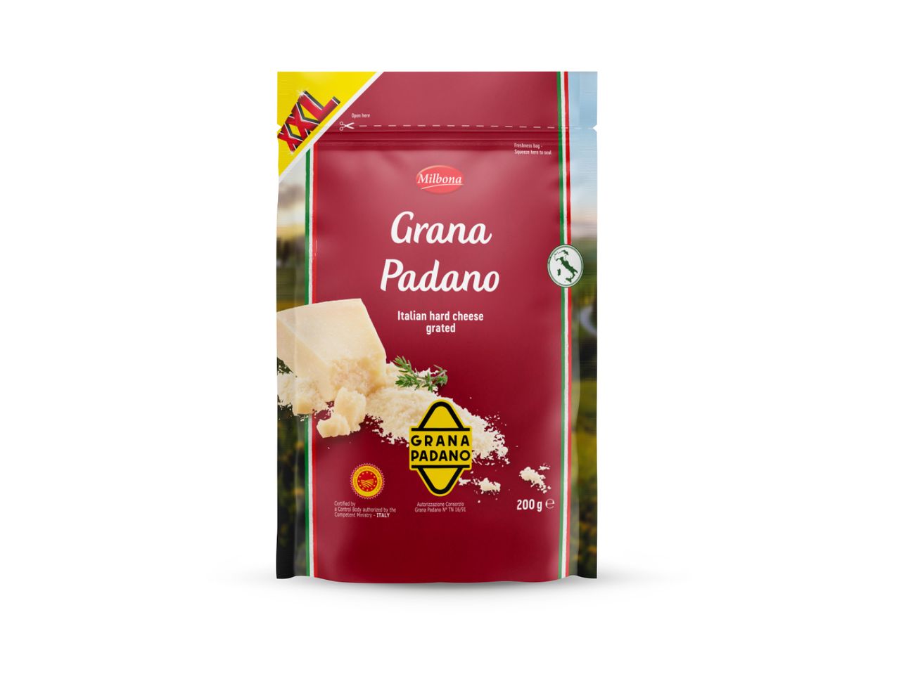 Pakiranje ribanog Grana Padano sira Milbone od 200 grama.