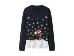 Dark blue Christmas jumper with a dachshund wearing a Santa hat, snowflakes, and snow.