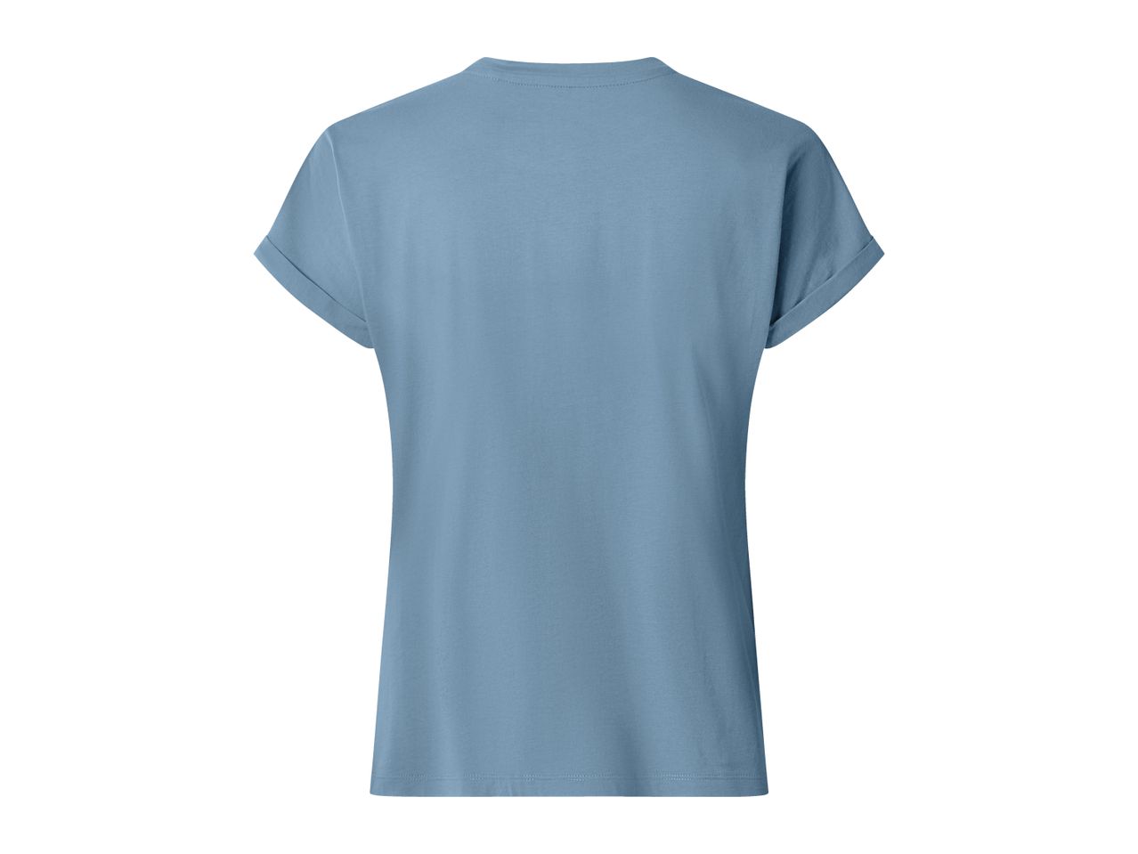 Back view of a plain light blue short-sleeved t-shirt with rolled-up sleeves.