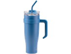 Blue mug with handle and straw.