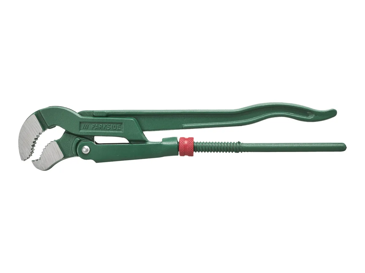 A green pipe wrench with a red adjustment knob and serrated jaws.