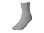 A single light grey ribbed sock with a ruffled cuff, presented on a white background.