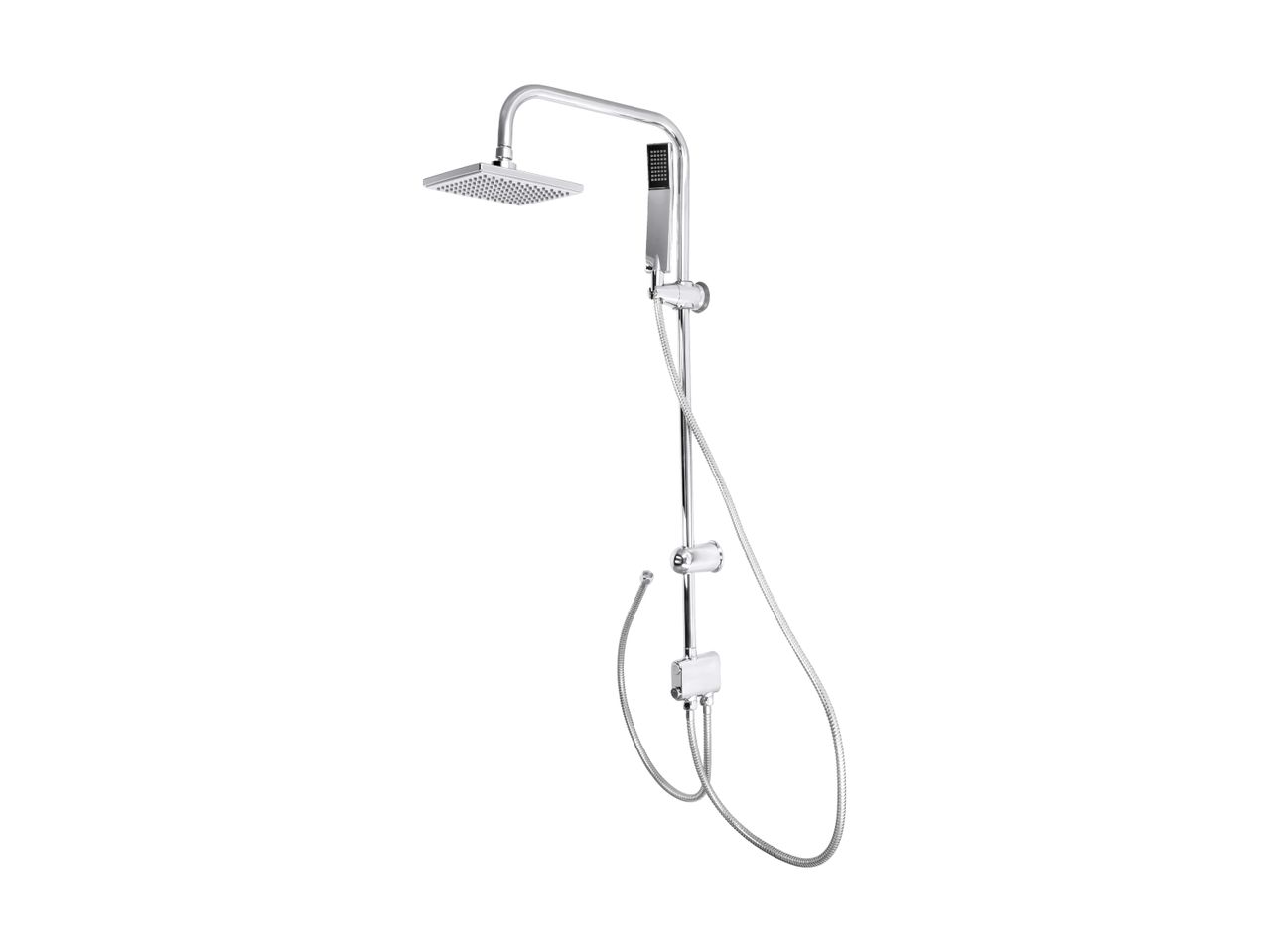 Chrome shower system with a square overhead shower, a handheld shower, and a flexible hose.