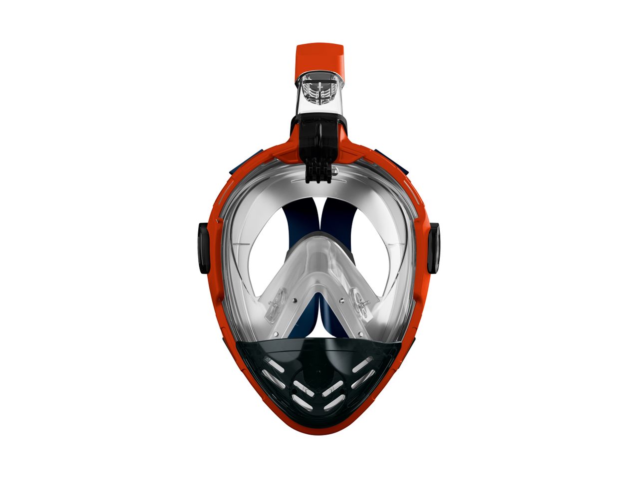 Orange og sort fuldflade snorkelmaske med integreret snorkel.