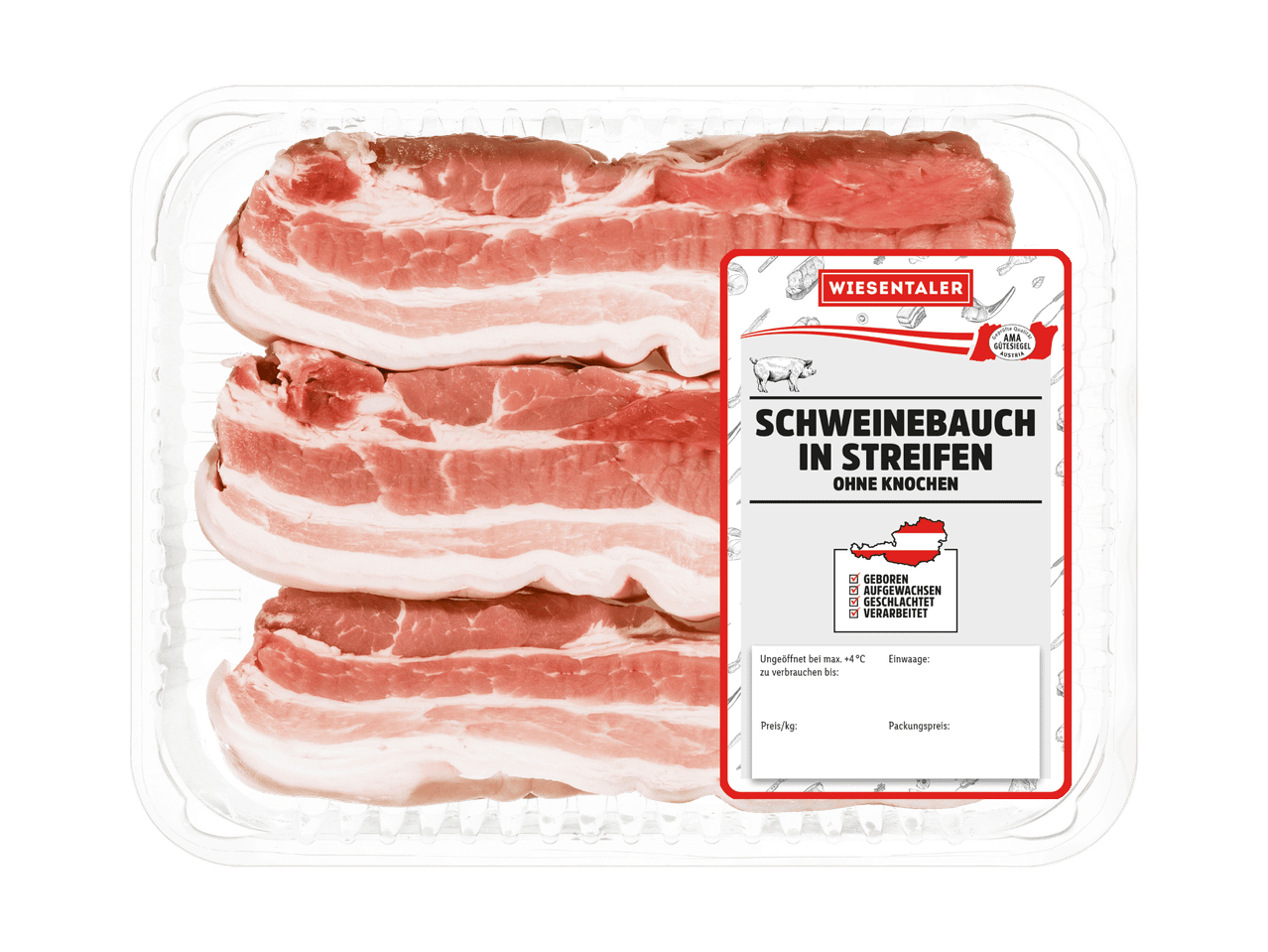 Wiesentäler Schweinebauch in Streifen, ohne Knochen, in Plastikverpackung.