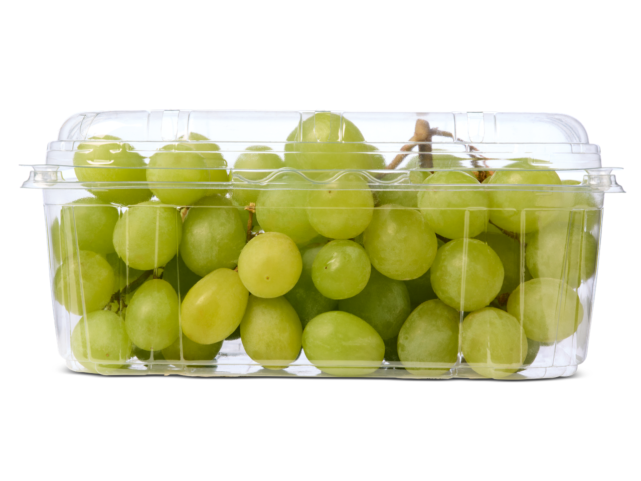 Een doorzichtig plastic bakje met groene druiven.