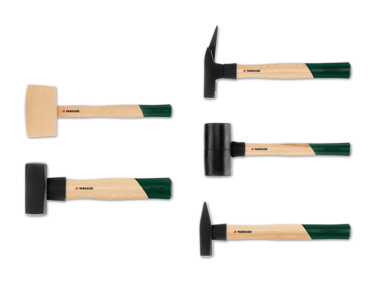 Eine Auswahl an Parkside Hämmern mit Holzstielen.