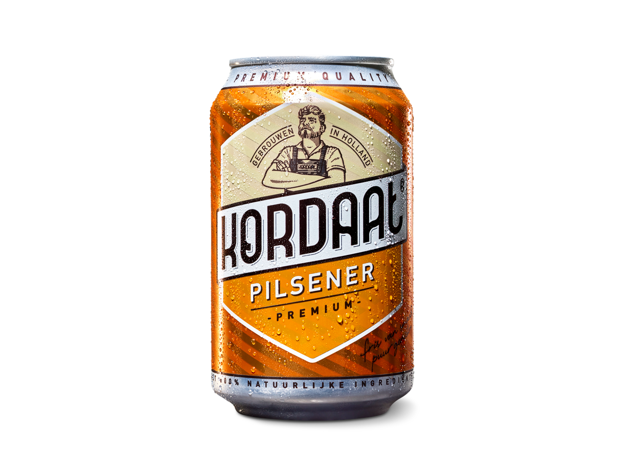 Kordaal Pilsener bierblik met condens, met een man in een schort.