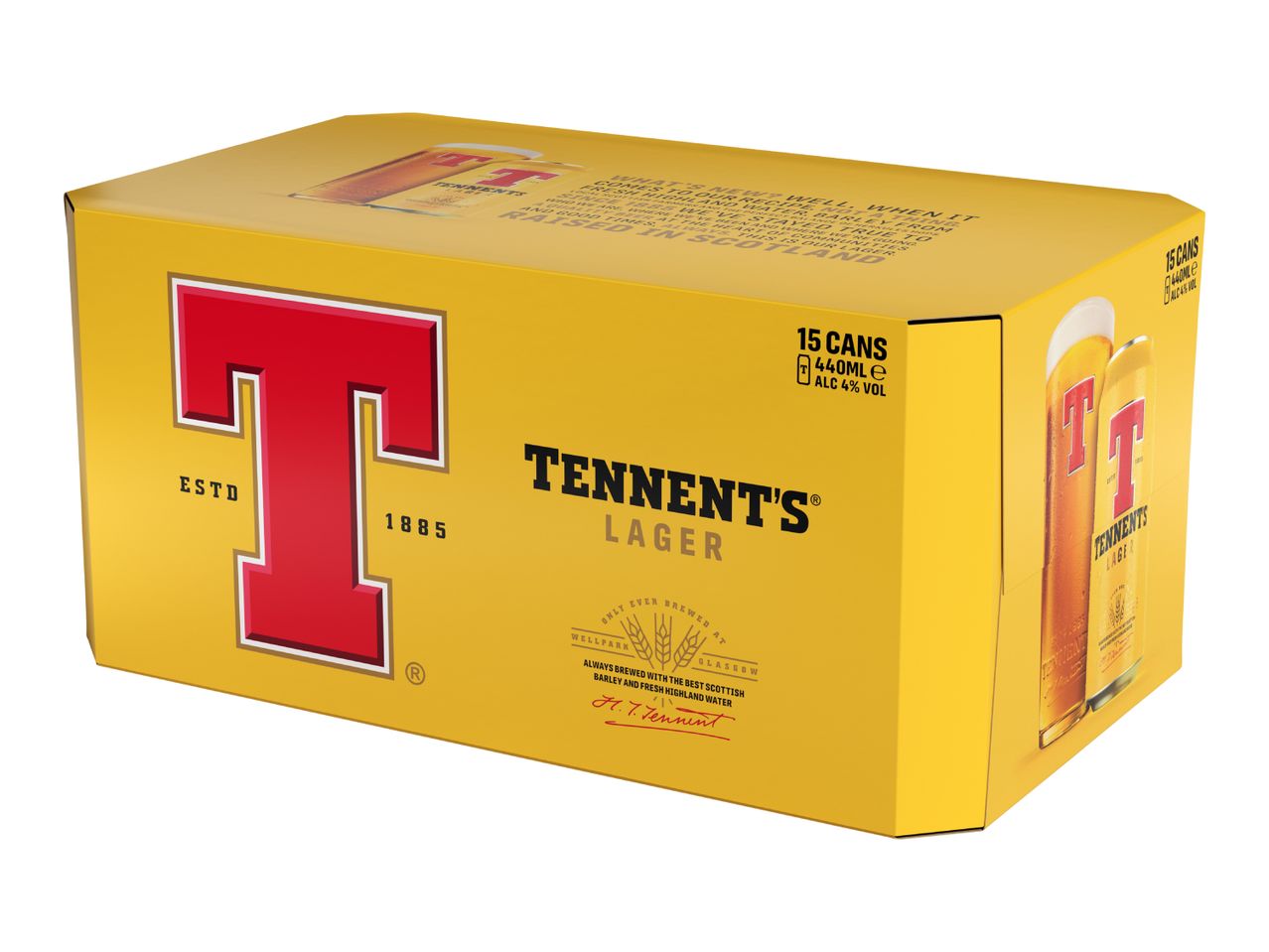 Tennent's Lager 15-can pack, 440ml each, 4% ABV, yellow with red branding.