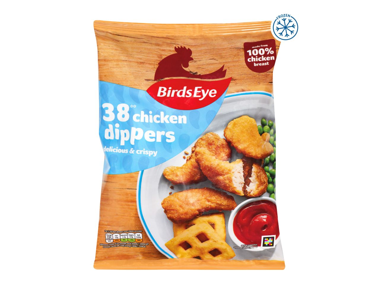 Birds Eye 38 chicken dippers, delicious & crispy, made from 100% chicken breast, frozen.
