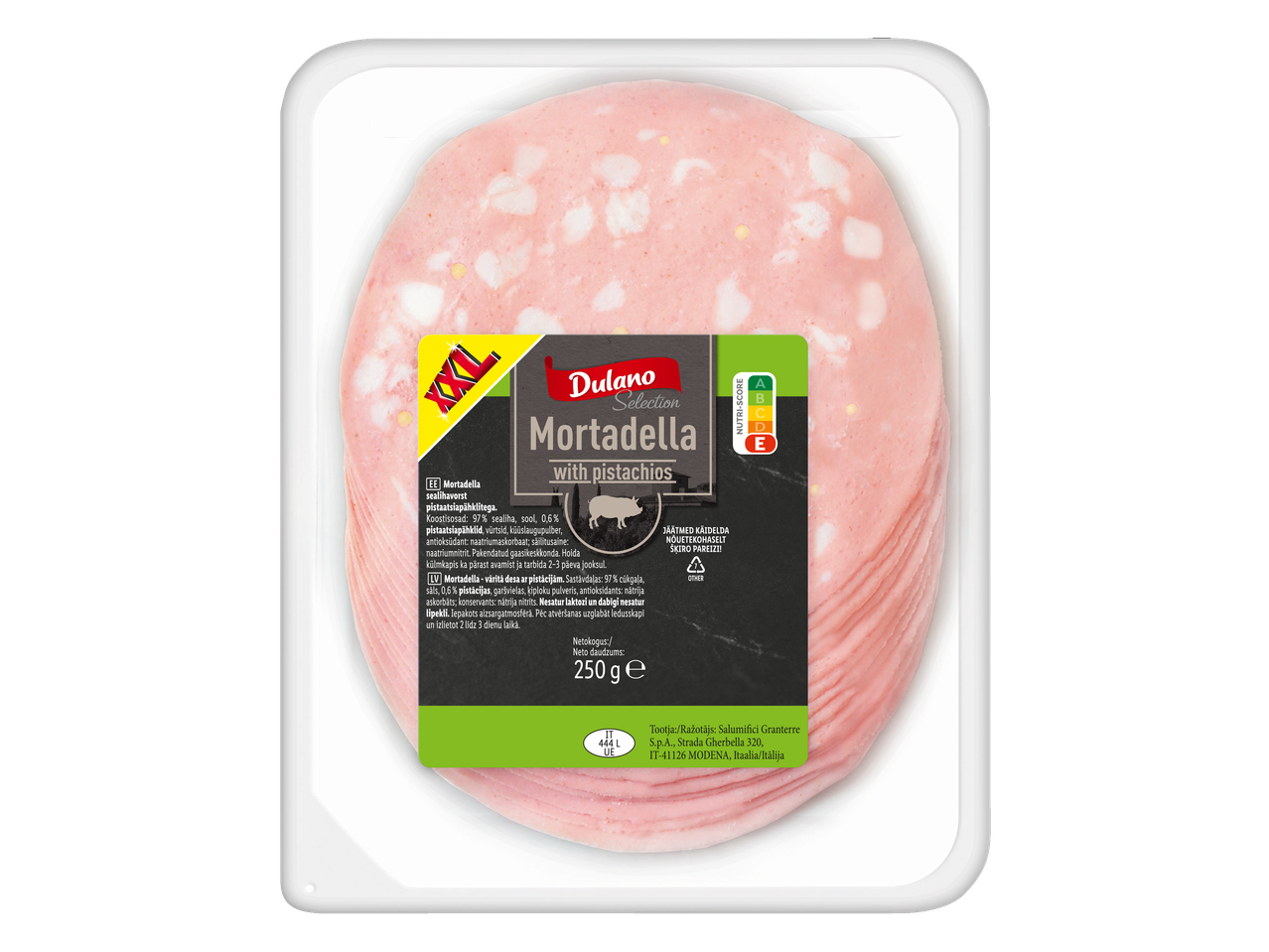 Dulano Selection XL mortadela ar pistācijām plastmasas iepakojumā.