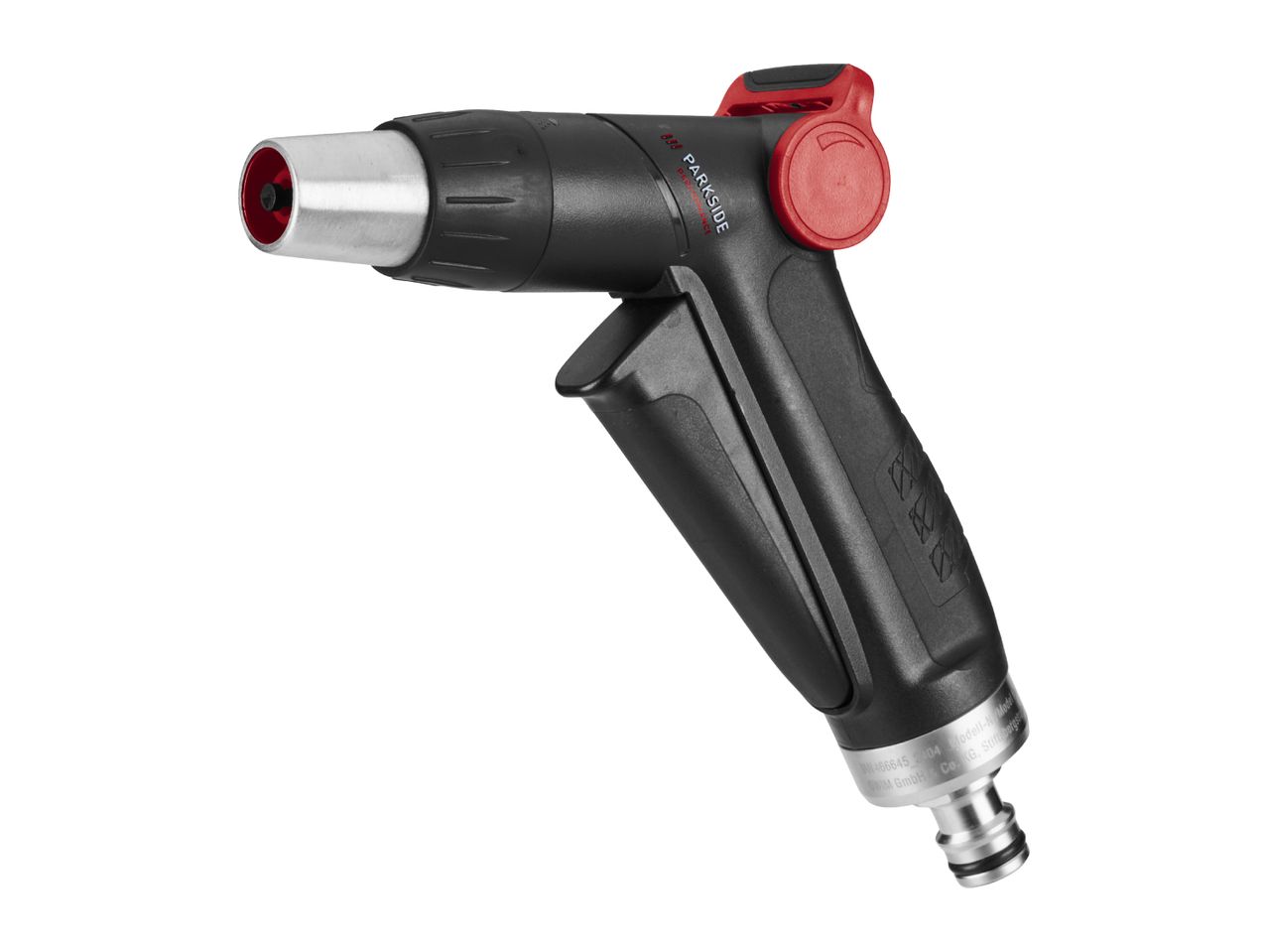 Black and red garden spray gun with a silver nozzle and quick connector