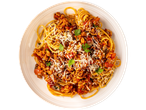A plate of spaghetti with meat sauce, topped with grated parmesan cheese and parsley.