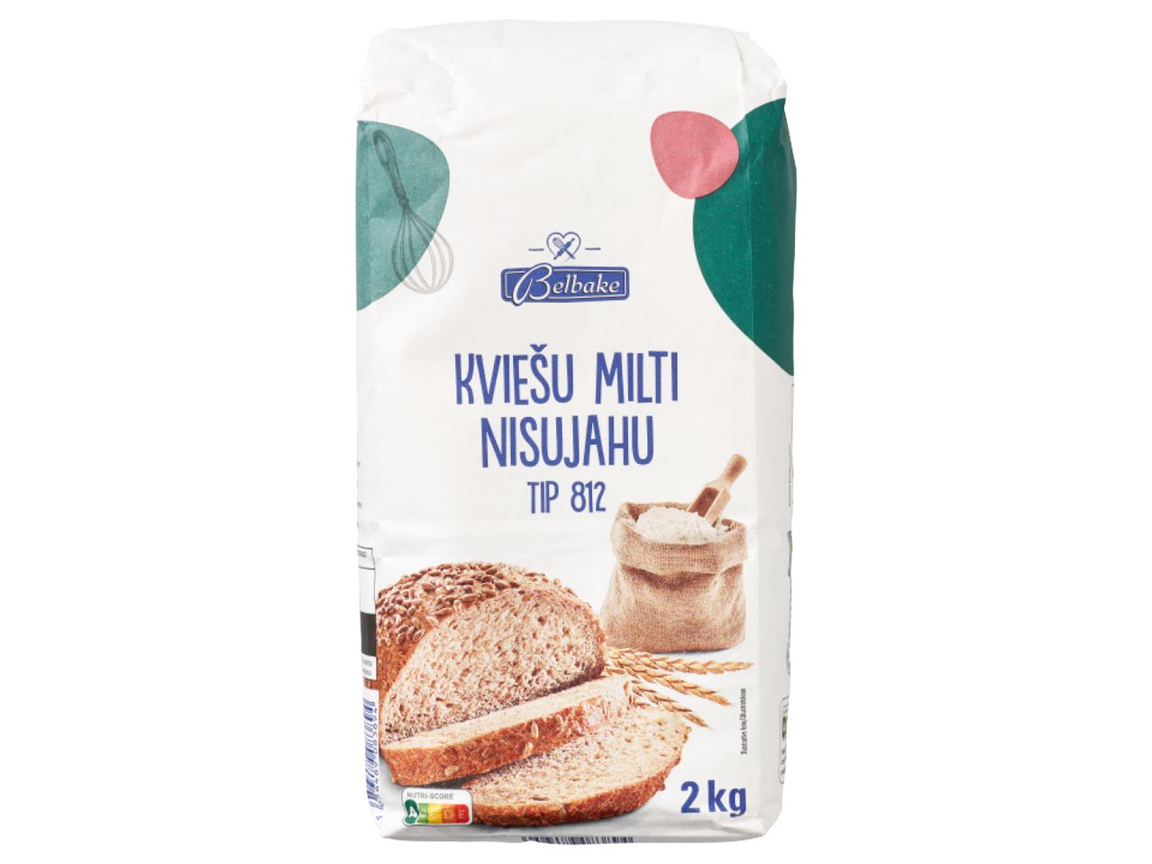 Belbake kviešu milti, 2 kg iepakojums ar maizes un miltu attēliem.