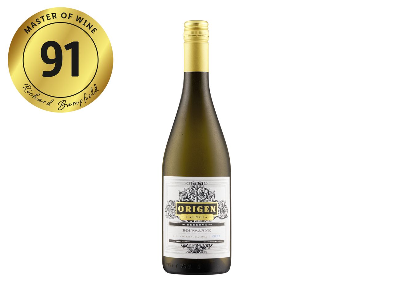 White wine bottle with a gold screw cap and a white label, rated 91 by a Master of Wine.