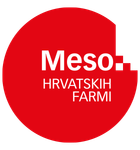 Crveni okrugli pečat s bijelim tekstom 'Meso HRVATSKIH FARMI' i crnim pikselima.