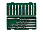 A green plastic case containing a set of drill bits and masonry bits.