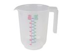 A clear plastic measuring cup with markings for flour, sugar, and liquid in various units.