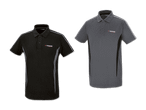 Zwei Poloshirts in Schwarz und Grau, vermutlich von einer Firma.