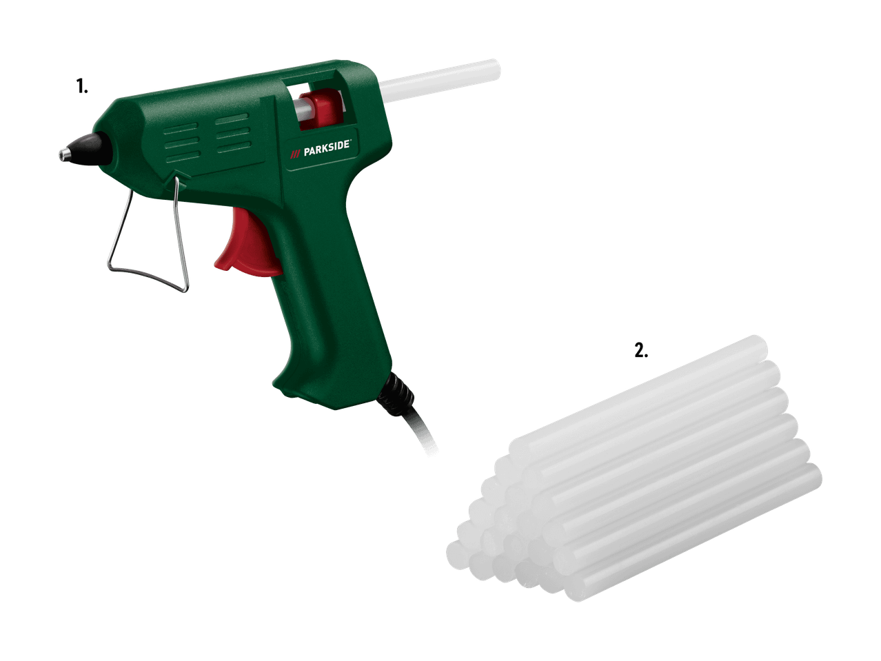 Pistolet à colle chaude vert avec bâtons de colle blancs
