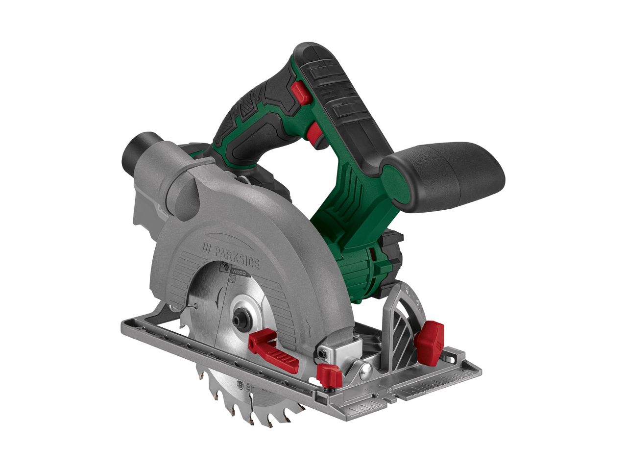 PARKSIDE circular saw with a grey body, green handle, and red accents.