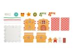 Gingerbread house craft kit with various festive decorations, strings, and gingerbread figures.
