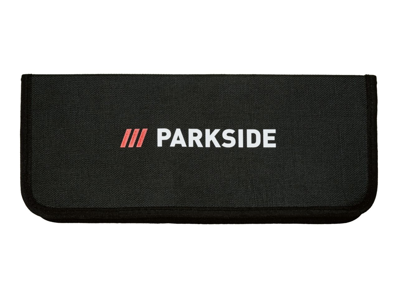 Black fabric tool roll with a white and red logo on the front.
