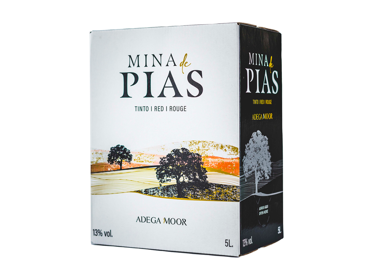 MINA DE PIAS Vinho Tinto BIB, 5L, 13% vol., com ilustração de paisagem.