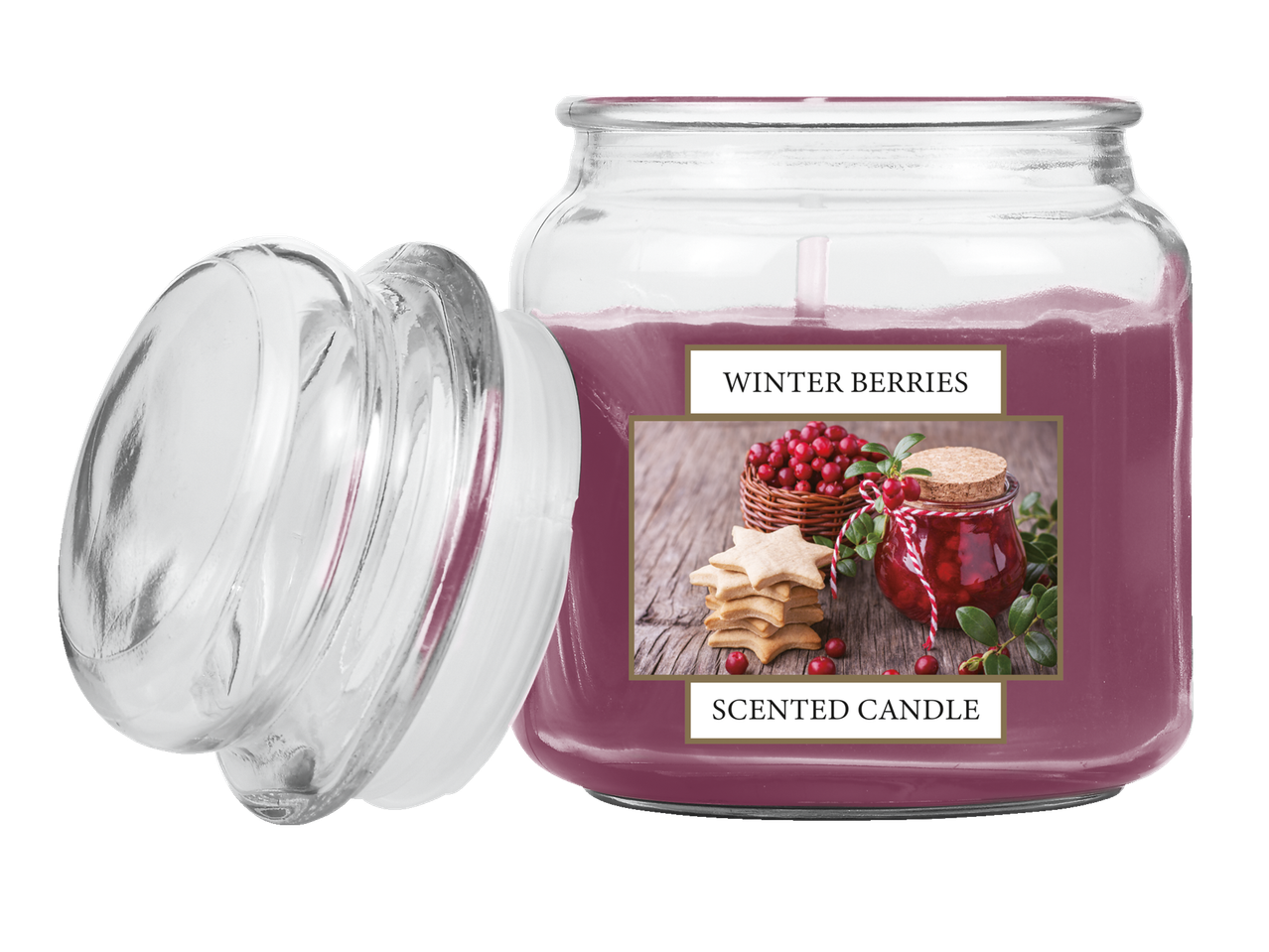Livarno Home kvapioji žvakė su žiemos uogų kvapu, dekoruota sausainiais ir uogiene.