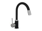 Black and silver kitchen faucet with a flexible spout and single lever handle