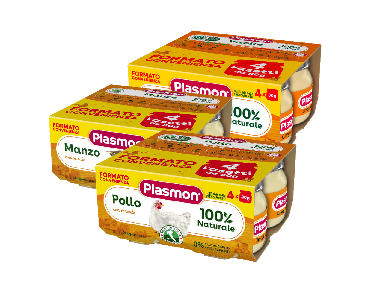 Confezione multipla di Plasmon, omogeneizzati per bambini.
