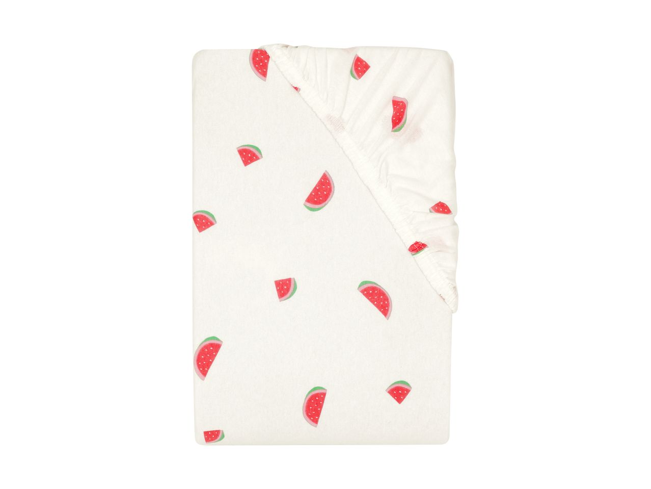 White fitted sheet with a playful watermelon slice pattern