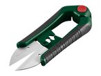 Green and black garden snips with stainless steel blades and a red safety button.